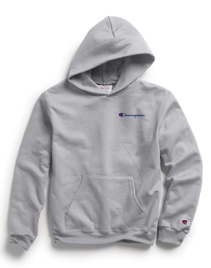 Champion Double Dry Script Logo Erkek Çocuk Kapşonlu Sweatshirt Gri ( HWECRF215 )